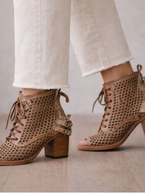 Freebird by Steven Tan Open-Weave Lace-Up Block Heel Booties